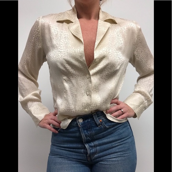 Vintage Tops - Talbots ivory alligator silk button down blouse